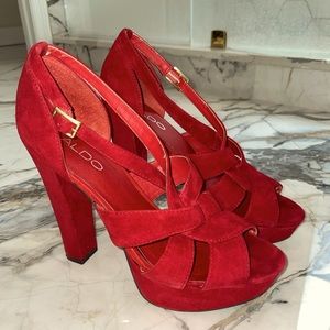 Aldo blood Red Suede Sandal. Worn ONCE. Sz 8  Cute with the ‘Little Black Dress’
